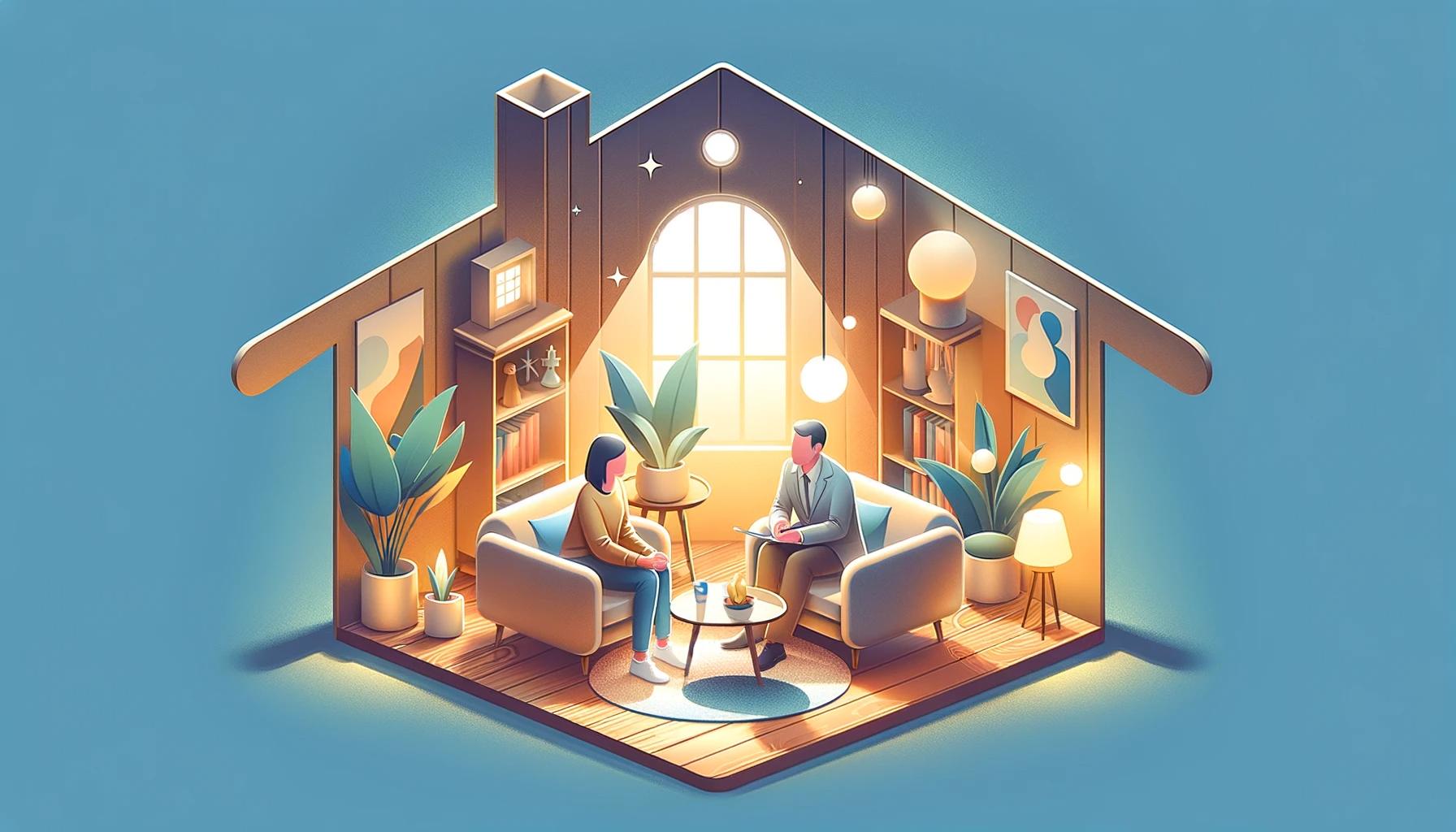 Illustration of a calm counselling room inside a house.