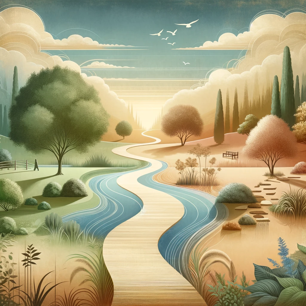 Illustration of a clear path through a calm landscape.