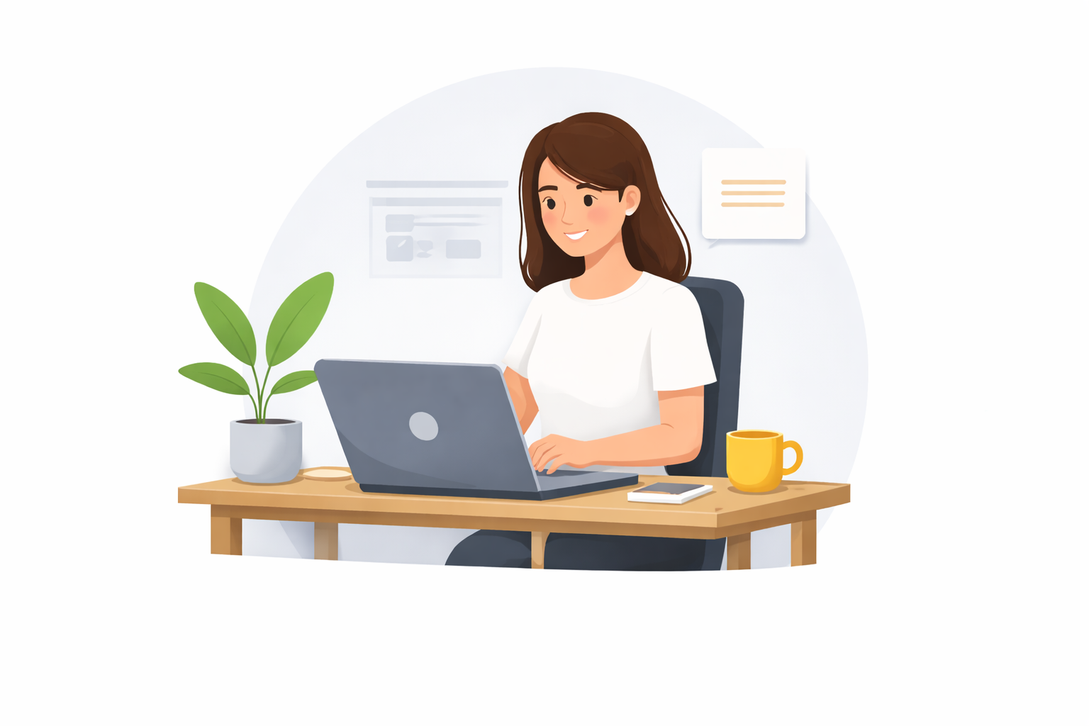 Illustration of a counsellor reviewing website content on a laptop.