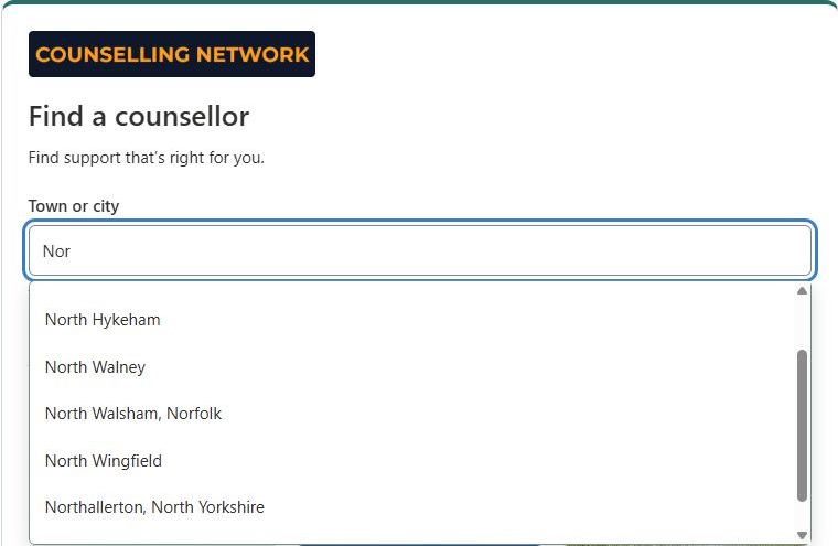 Counselling.Network finder showing town suggestions as someone types