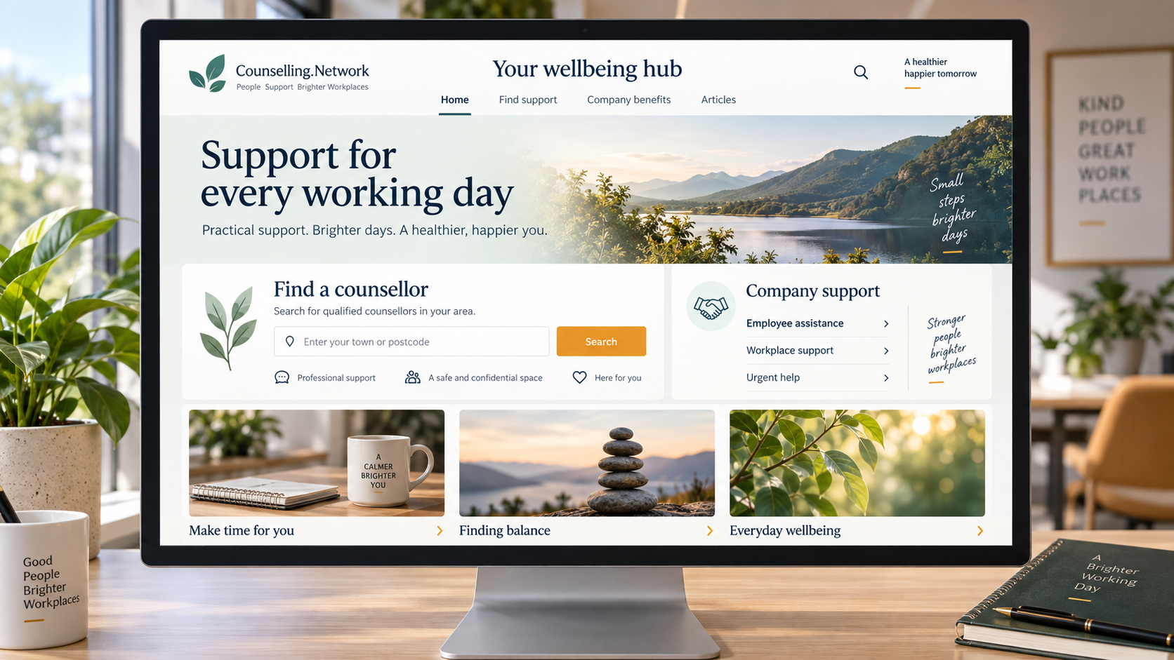 Illustrative company wellbeing hub with counsellor search and wellbeing articles